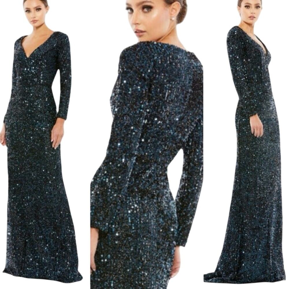 MAC DUGGAL 26445 Midnight Blue Long Sleeve Sequined Gown Size 16 New w/ Tag $398